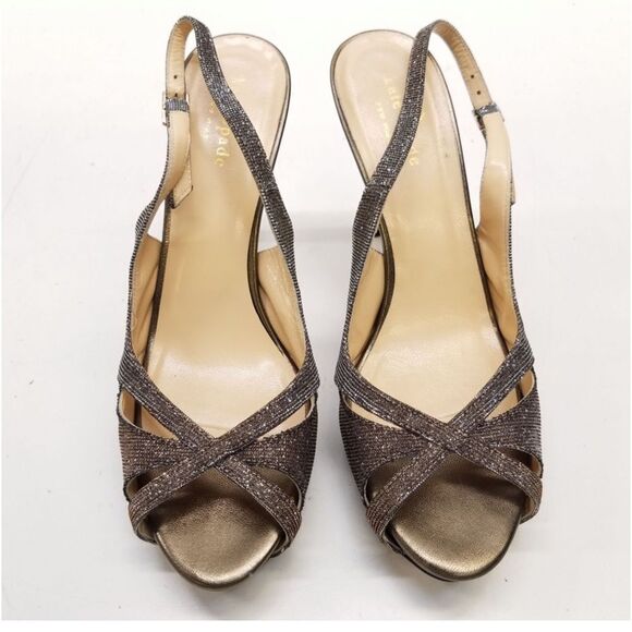 Kate Spade size 7.5 open toe sparkle silver/gold Slingback heel sandals - Picture 1 of 11